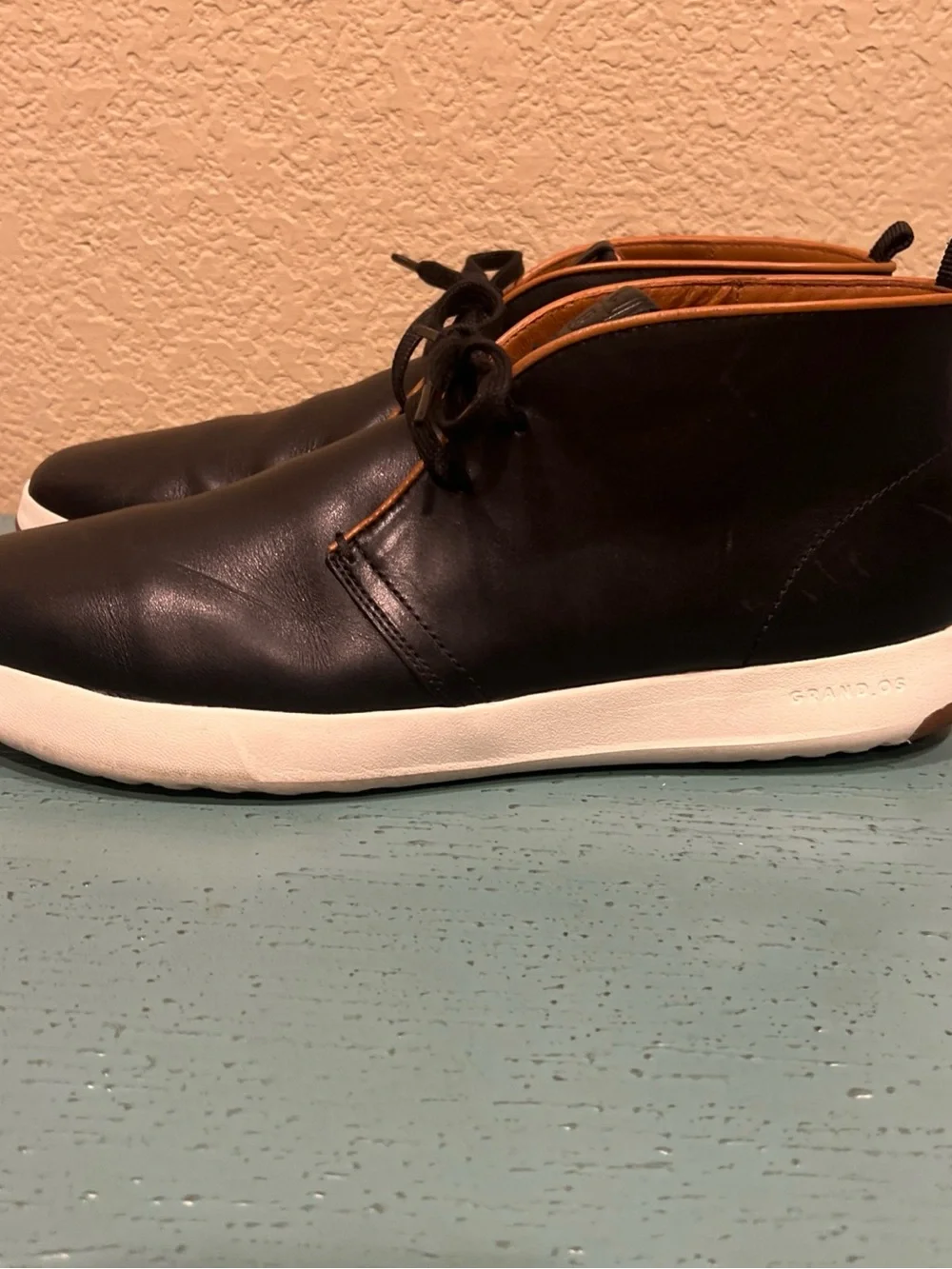 Cole Haan Black Leather Chukka Boots with White Sole and Tan Trim